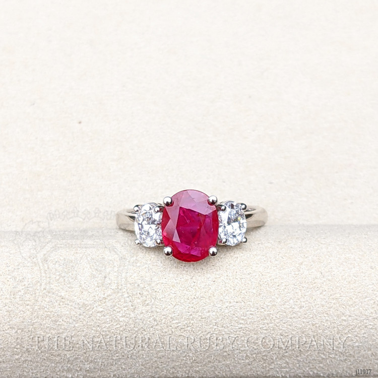1.92 Ct. Ruby and Natural Diamond Three Stone Ring, 18K White Gold