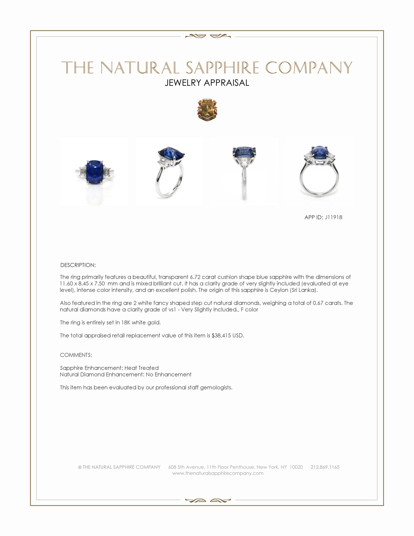 6.72 Ct. Blue Sapphire and Natural Diamond Three Stone Ring, 18K White Gold