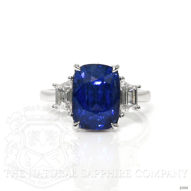 6.72 Ct. Blue Sapphire and Natural Diamond Three Stone Ring, 18K White Gold