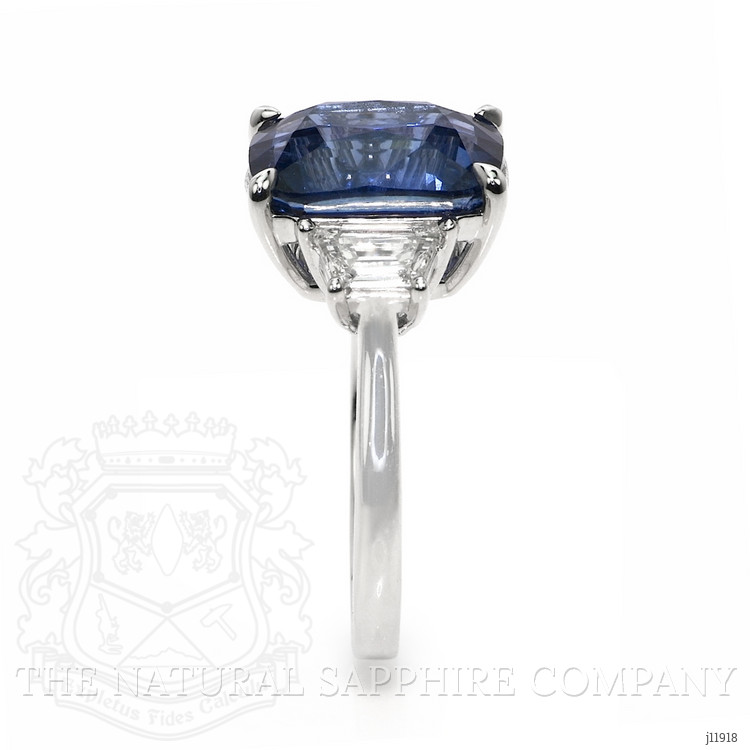 6.72 Ct. Blue Sapphire and Natural Diamond Three Stone Ring, 18K White Gold