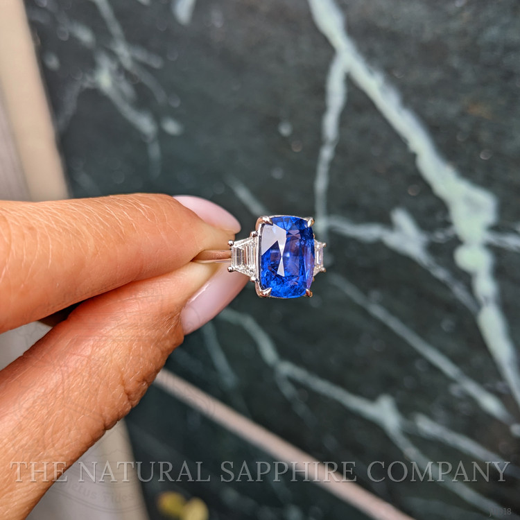 6.72 Ct. Blue Sapphire and Natural Diamond Three Stone Ring, 18K White Gold