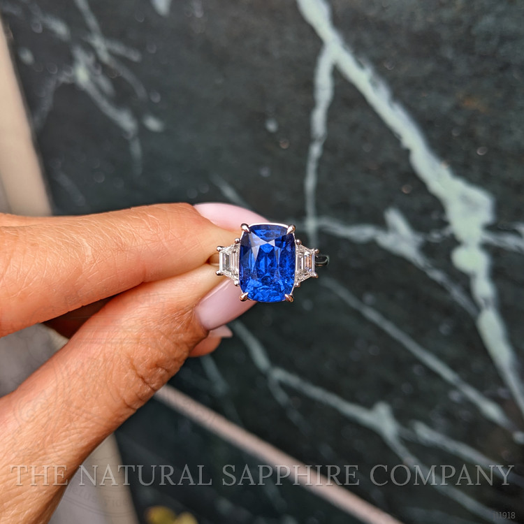 6.72 Ct. Blue Sapphire and Natural Diamond Three Stone Ring, 18K White Gold