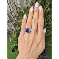 6.72 Ct. Blue Sapphire and Natural Diamond Three Stone Ring, 18K White Gold Life Style
