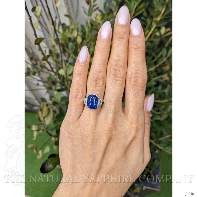 6.72 Ct. Blue Sapphire and Natural Diamond Three Stone Ring, 18K White Gold