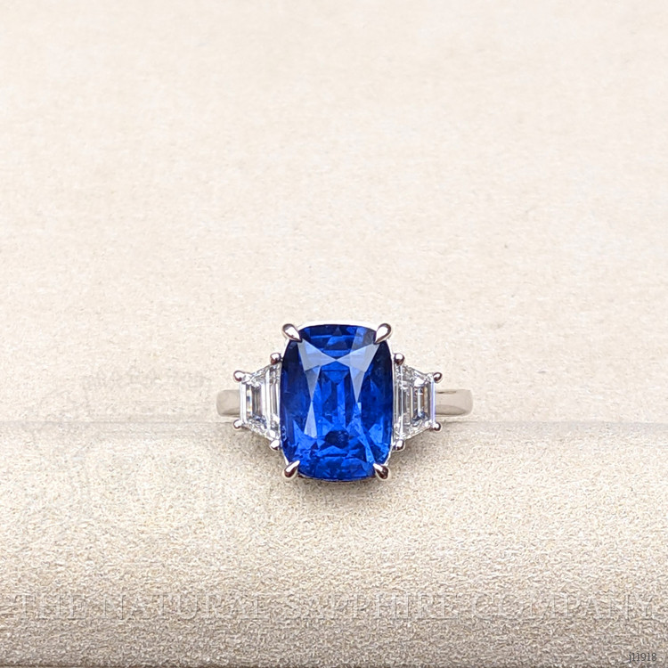 6.72 Ct. Blue Sapphire and Natural Diamond Three Stone Ring, 18K White Gold