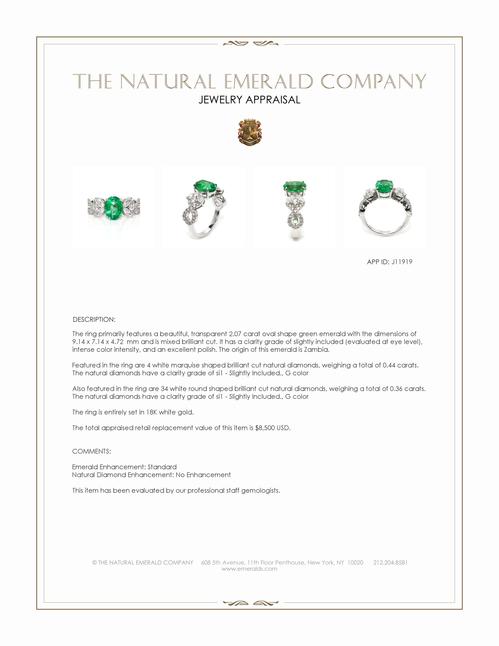 2.07 Ct. Emerald and Natural Diamond Pave Ring, 18K White Gold