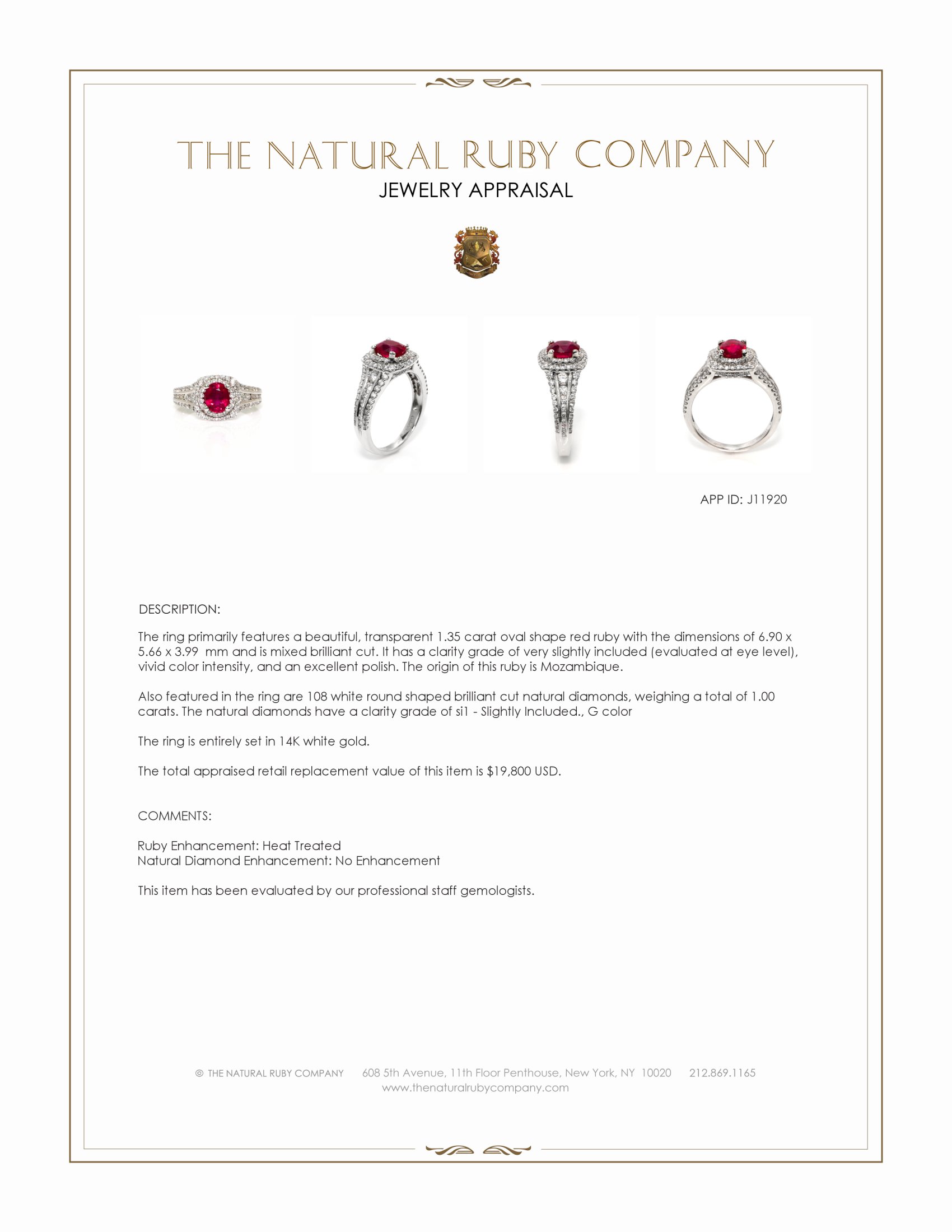 1.35 Ct. Ruby and Natural Diamond Pave Ring, 14K White Gold