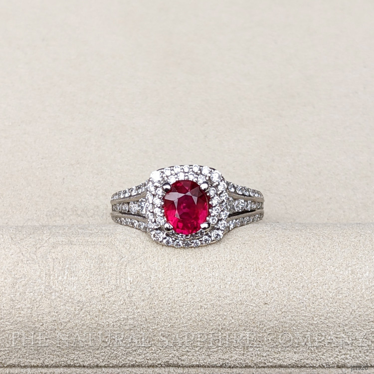1.35 Ct. Ruby and Natural Diamond Pave Ring, 14K White Gold
