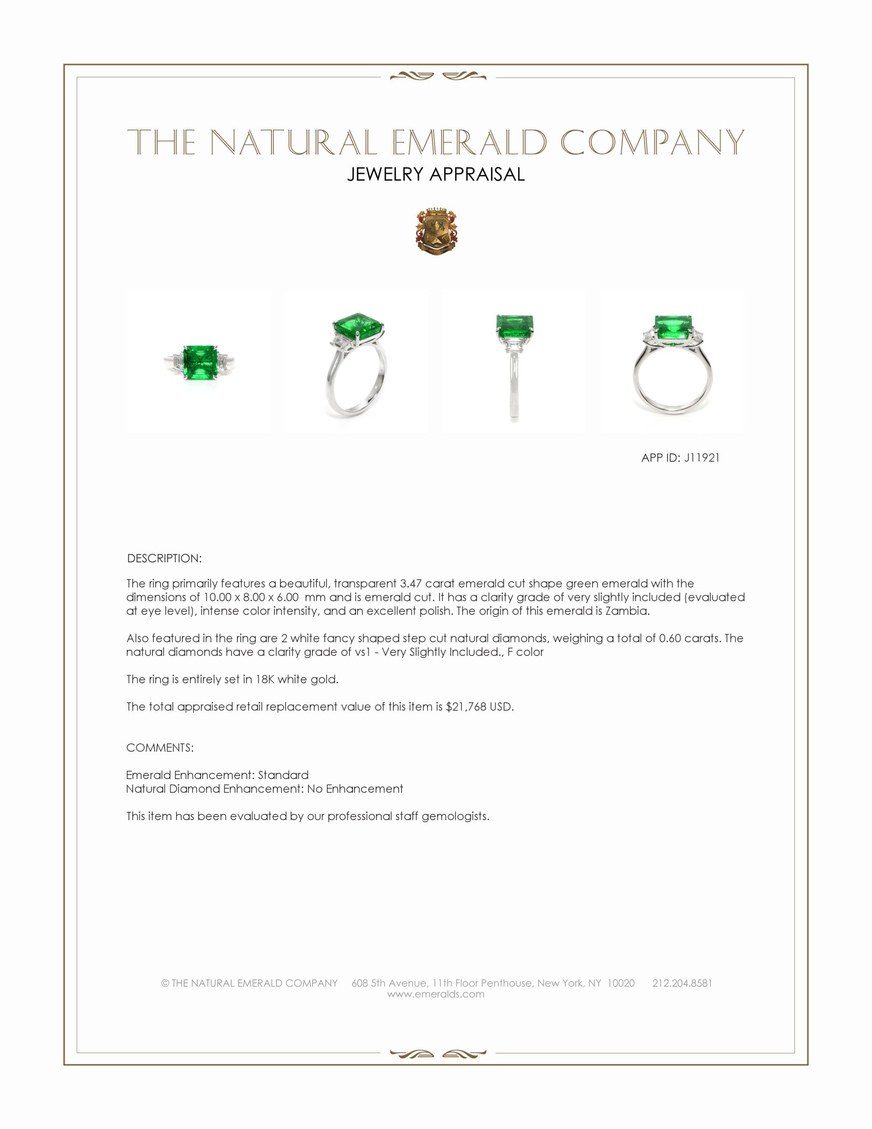 3.47 Ct. Emerald and Natural Diamond Three Stone Ring, 18K White Gold