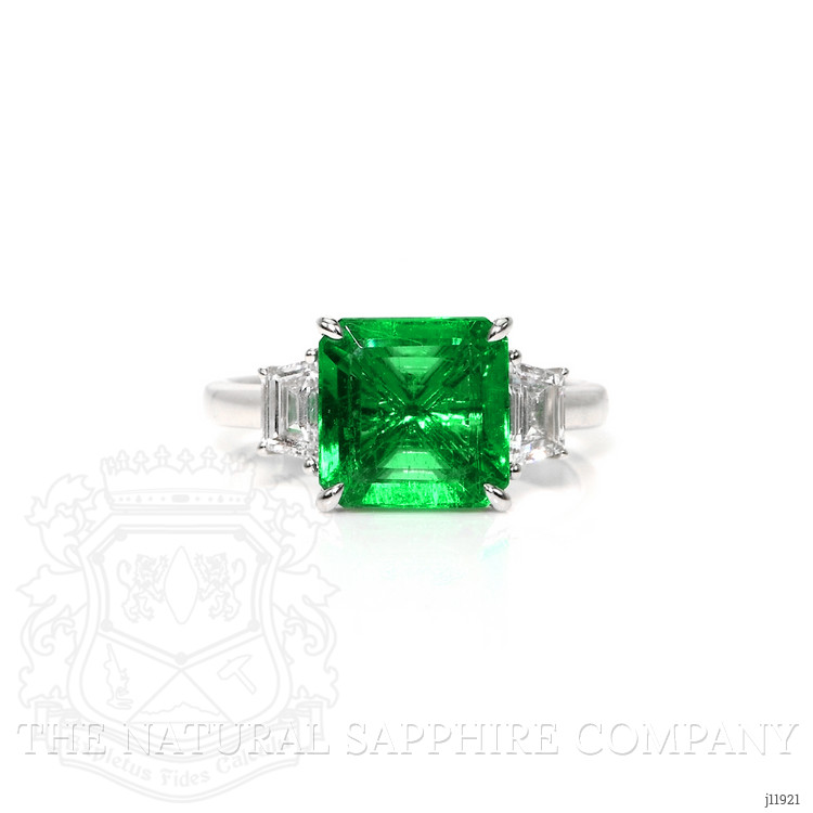 3.47 Ct. Emerald and Natural Diamond Three Stone Ring, 18K White Gold