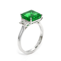 3.47 Ct. Emerald and Natural Diamond Three Stone Ring, 18K White Gold Image