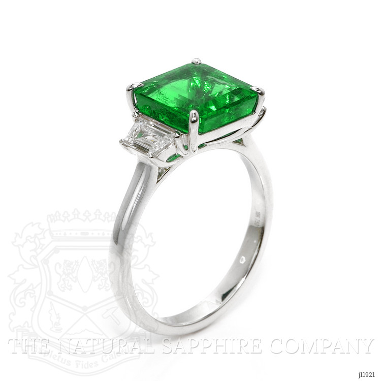 3.47 Ct. Emerald and Natural Diamond Three Stone Ring, 18K White Gold