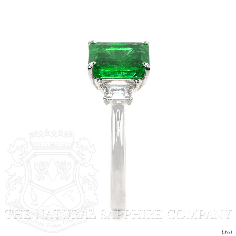 3.47 Ct. Emerald and Natural Diamond Three Stone Ring, 18K White Gold