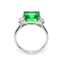 3.47 Ct. Emerald and Natural Diamond Three Stone Ring, 18K White Gold Image