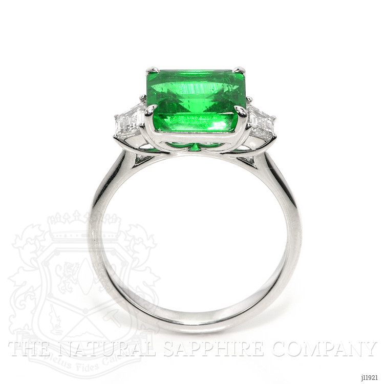 3.47 Ct. Emerald and Natural Diamond Three Stone Ring, 18K White Gold