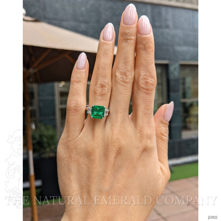 3.47 Ct. Emerald and Natural Diamond Three Stone Ring, 18K White Gold
