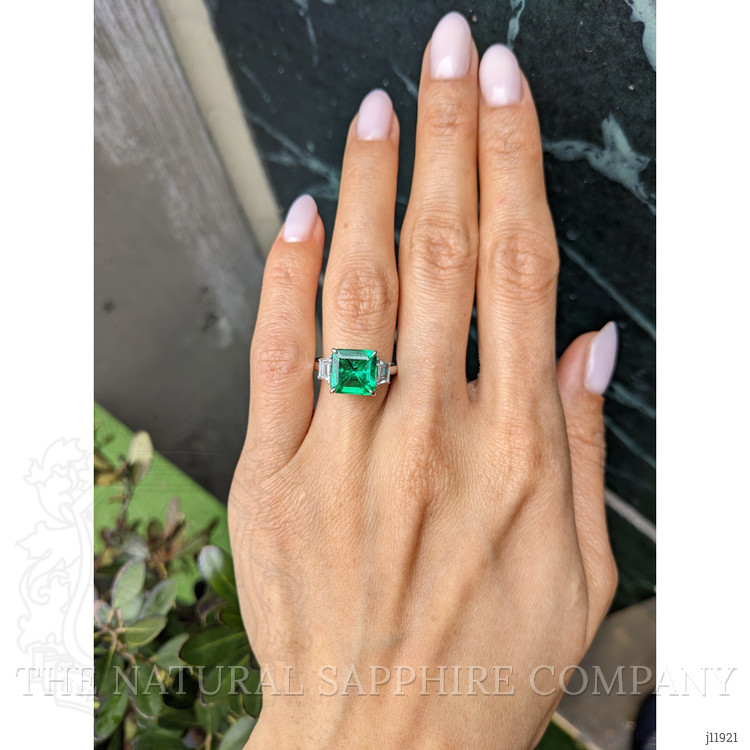 3.47 Ct. Emerald and Natural Diamond Three Stone Ring, 18K White Gold