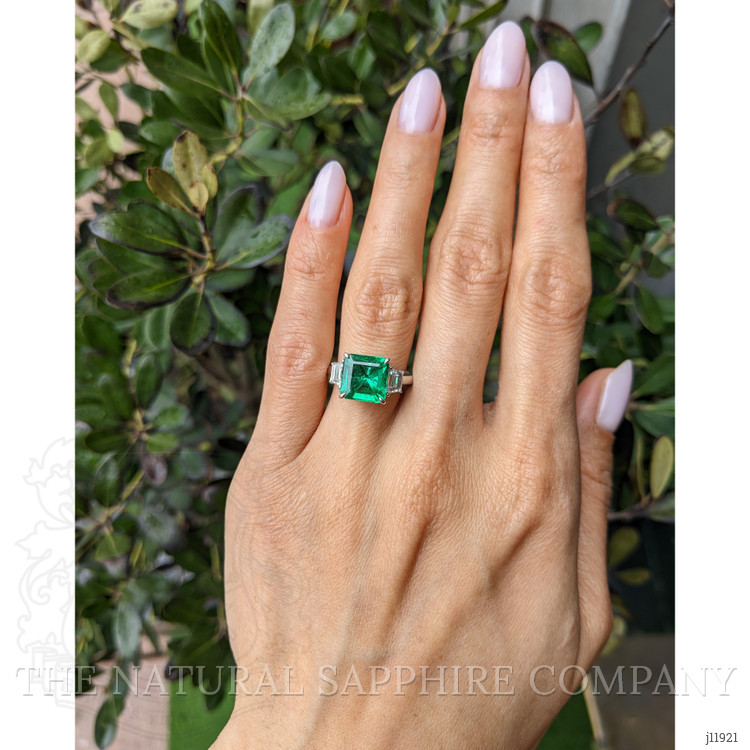 3.47 Ct. Emerald and Natural Diamond Three Stone Ring, 18K White Gold