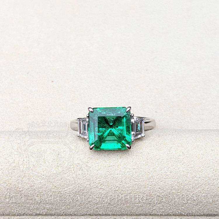 3.47 Ct. Emerald and Natural Diamond Three Stone Ring, 18K White Gold