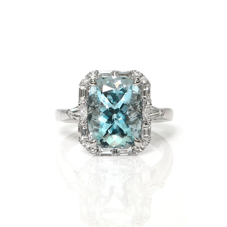 4.01 Ct. Blue Aquamarine and Natural Diamond Pave Ring, 18K White Gold