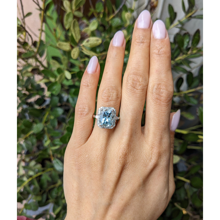 4.01 Ct. Blue Aquamarine and Natural Diamond Pave Ring, 18K White Gold