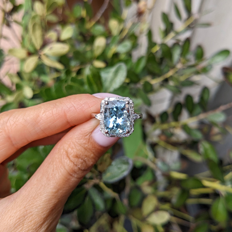 4.01 Ct. Blue Aquamarine and Natural Diamond Pave Ring, 18K White Gold