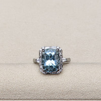 4.01 Ct. Blue Aquamarine and Natural Diamond Pave Ring, 18K White Gold Life Style