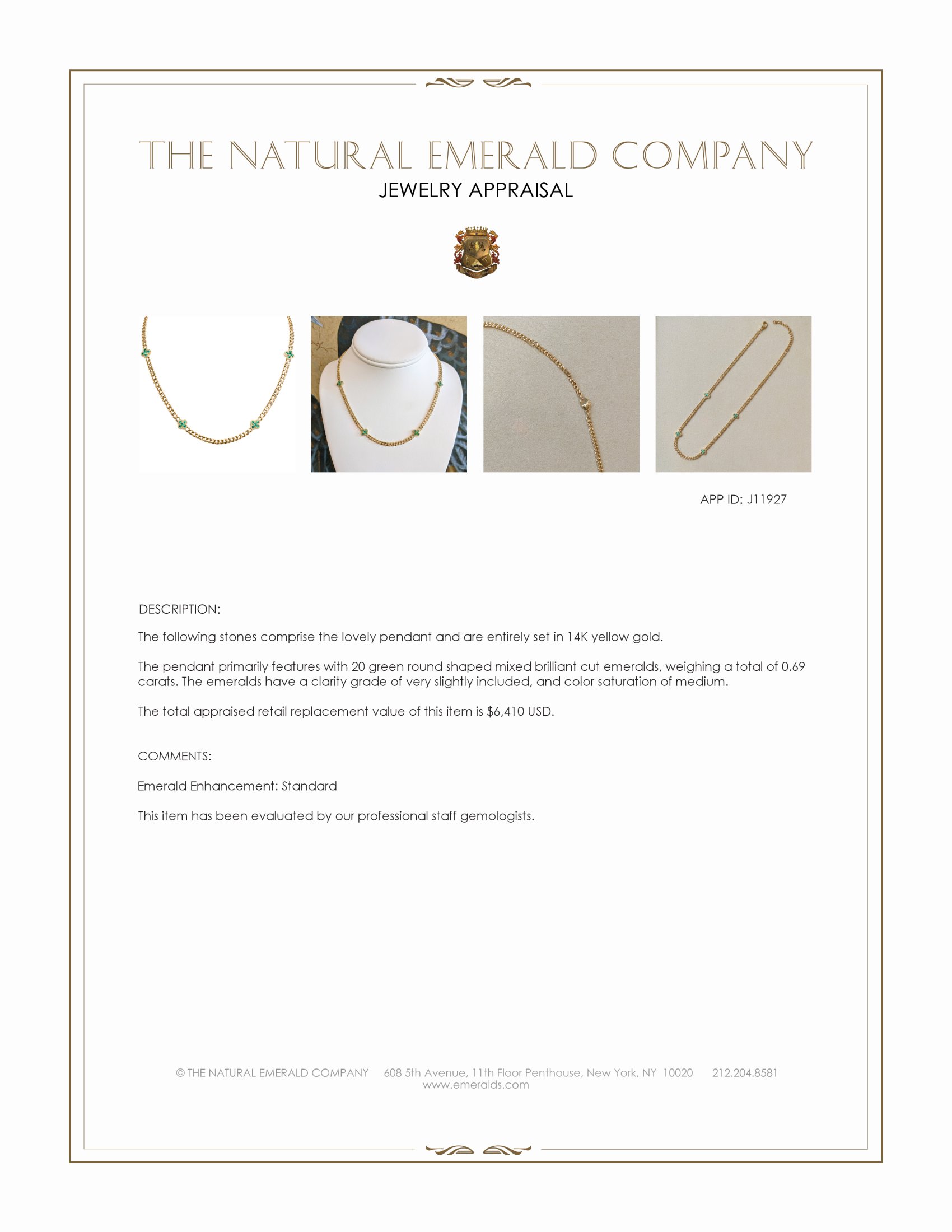 0.69 Ct. Emerald Bezel Pendant, 14K Yellow Gold