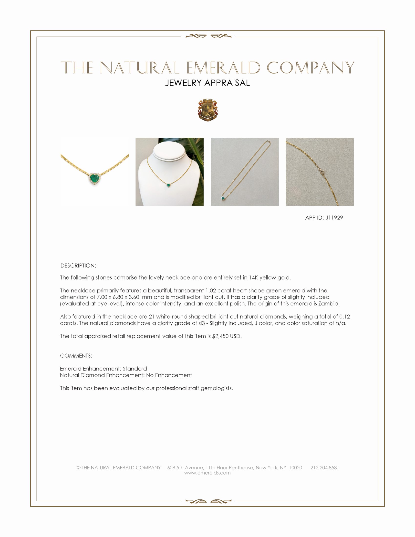 1.02 Ct. Emerald and Natural Diamond Halo Necklace, 14K Yellow Gold