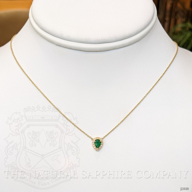0.36 Ct. Emerald and Natural Diamond Halo Necklace, 18K Yellow Gold