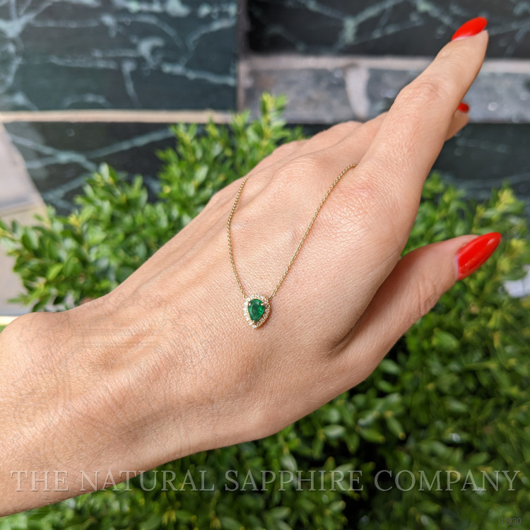 0.36 Ct. Emerald and Natural Diamond Halo Necklace, 18K Yellow Gold