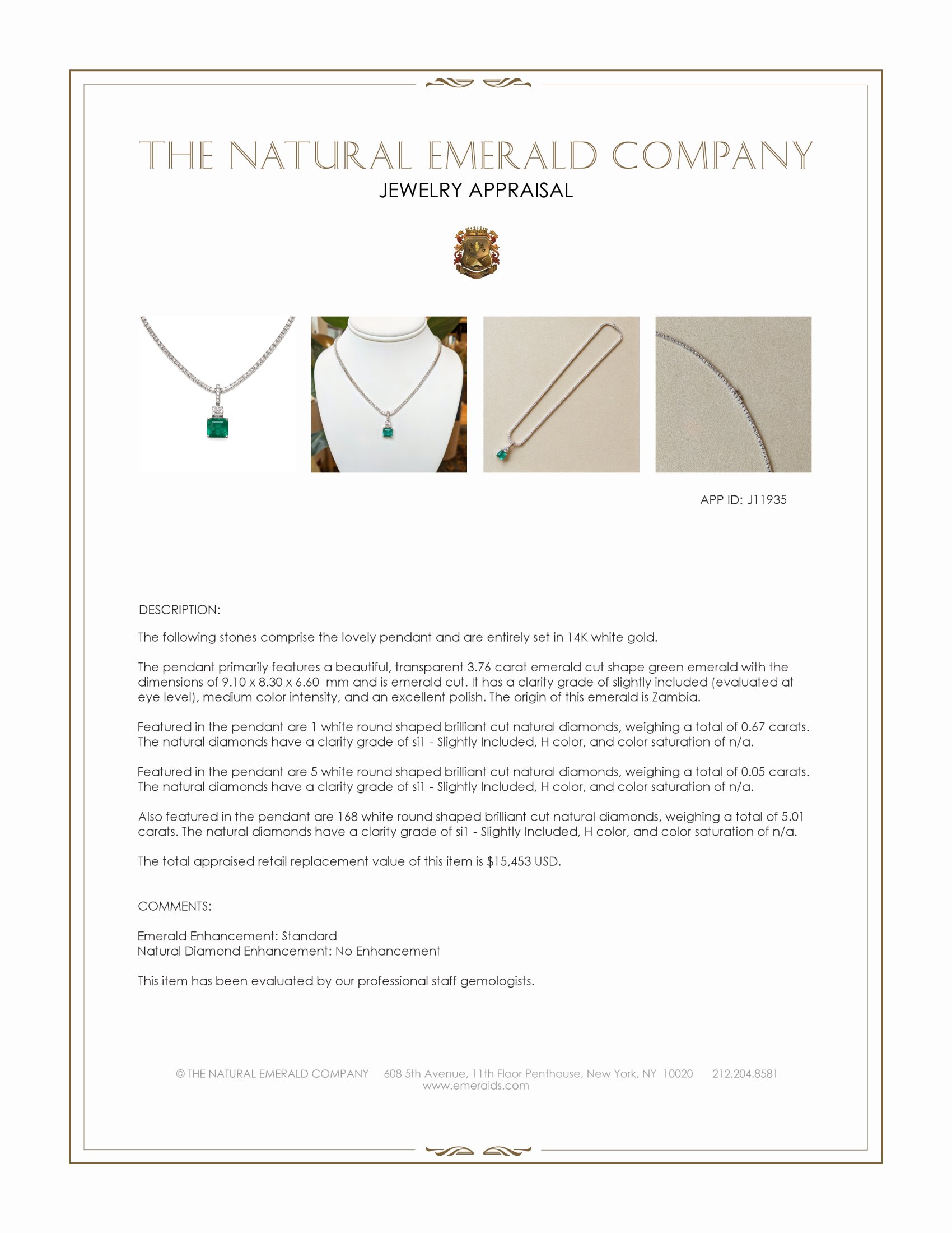 3.76 Ct. Emerald and Natural Diamond Pave Pendant, 14K White Gold