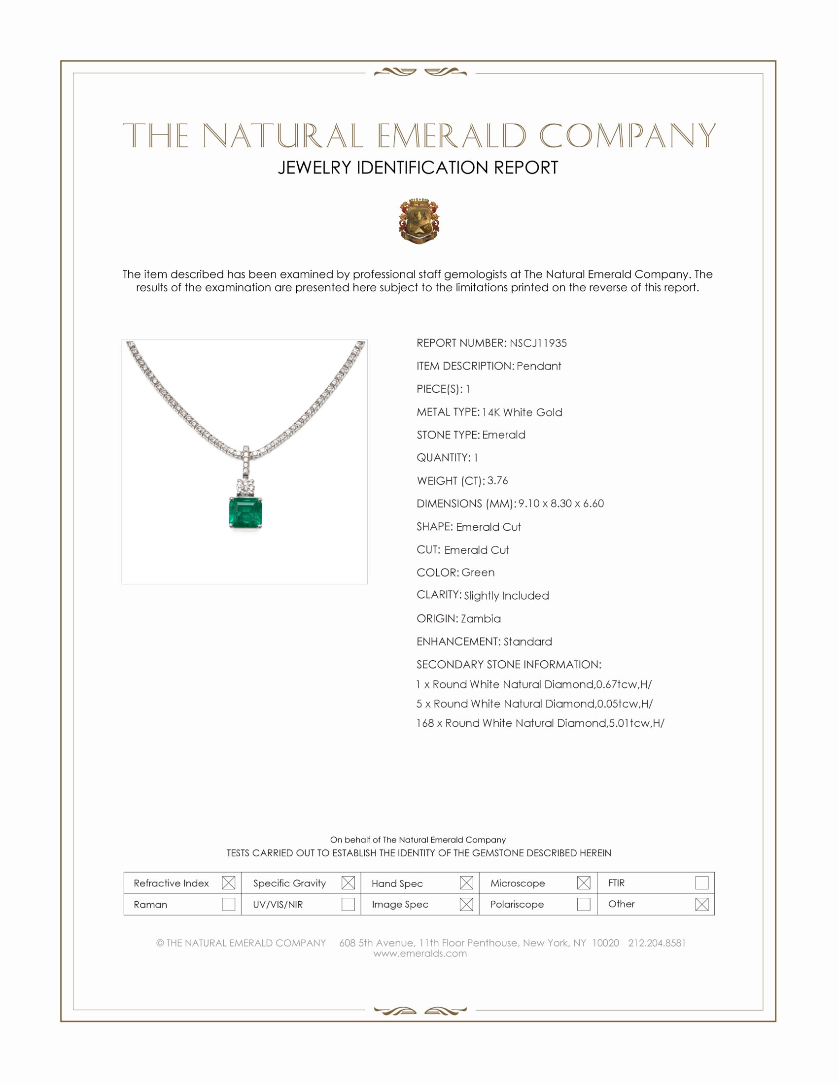 3.76 Ct. Emerald and Natural Diamond Pave Pendant, 14K White Gold