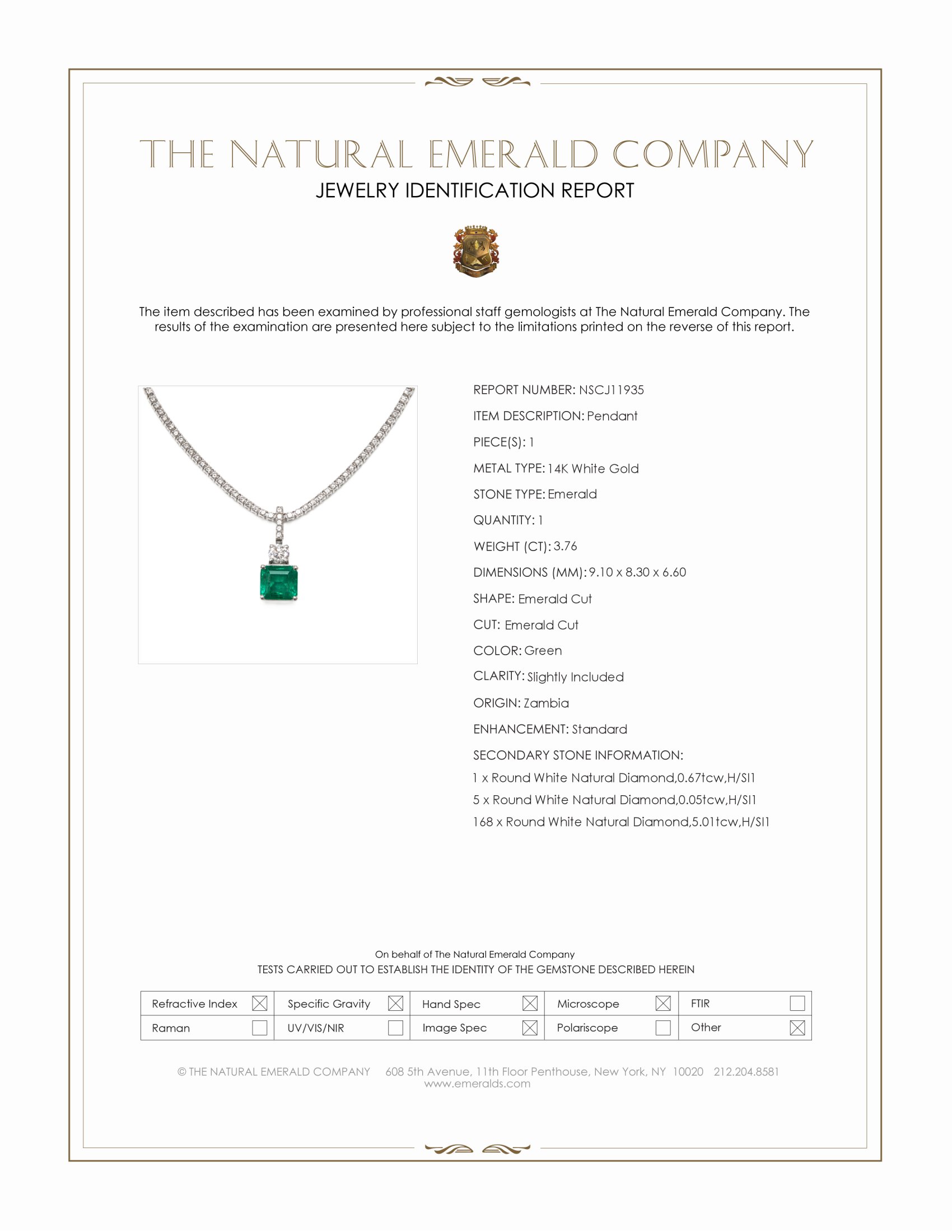 3.76 Ct. Emerald and Natural Diamond Pave Pendant, 14K White Gold