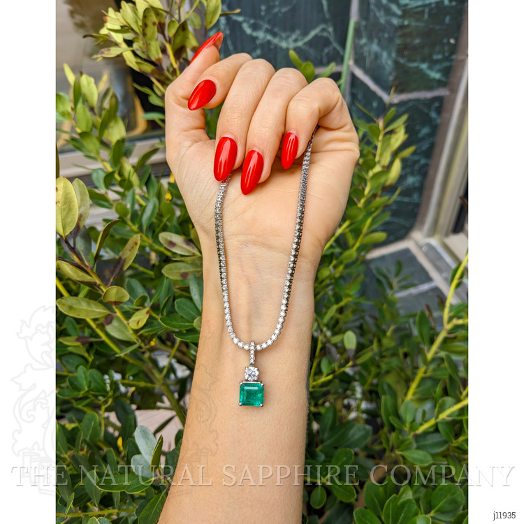 3.76 Ct. Emerald and Natural Diamond Pave Pendant, 14K White Gold