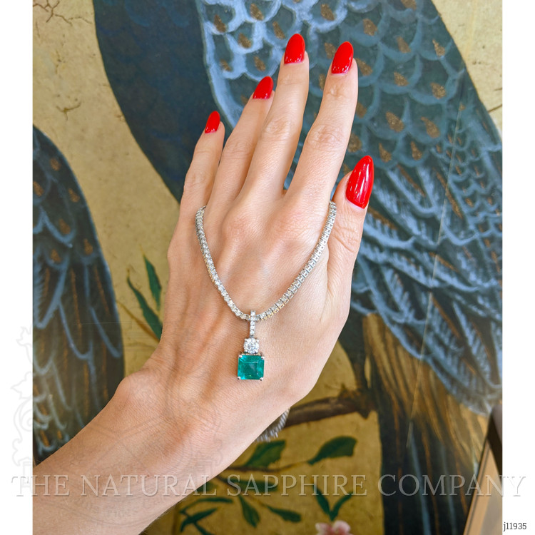 3.76 Ct. Emerald and Natural Diamond Pave Pendant, 14K White Gold