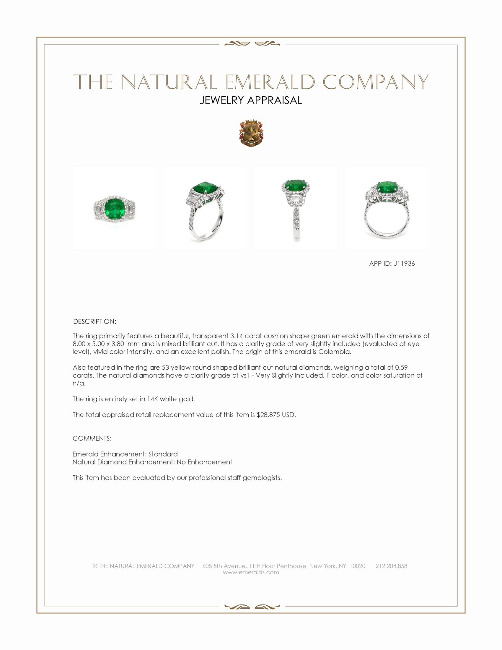 3.14 Ct. Emerald and Yellow Natural Diamond Three Stone Ring, 14K White Gold