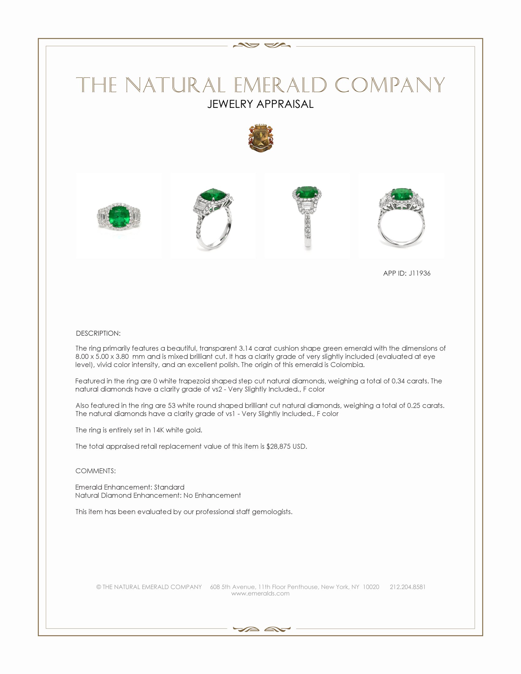 3.14 Ct. Emerald and Natural Diamond Three Stone Ring, 14K White Gold