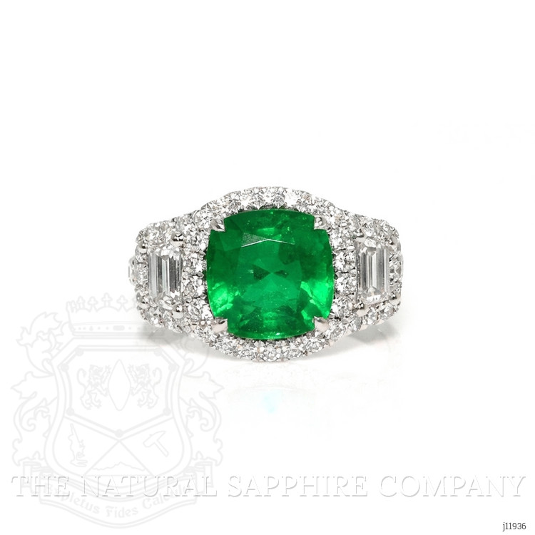 3.14 Ct. Emerald and Yellow Natural Diamond Three Stone Ring, 14K White Gold
