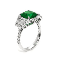 3.14 Ct. Emerald and Yellow Natural Diamond Three Stone Ring, 14K White Gold Image