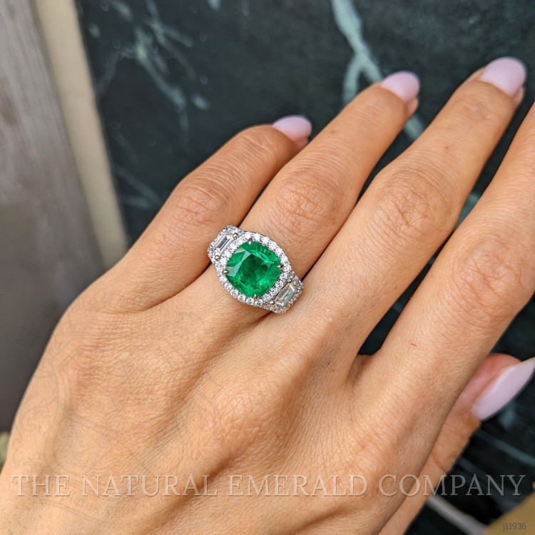 3.14 Ct. Emerald and Yellow Natural Diamond Three Stone Ring, 14K White Gold