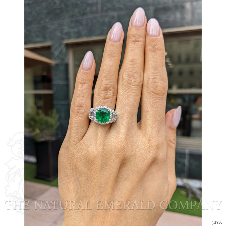 3.14 Ct. Emerald and Yellow Natural Diamond Three Stone Ring, 14K White Gold