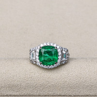 3.14 Ct. Emerald and Yellow Natural Diamond Three Stone Ring, 14K White Gold Life Style
