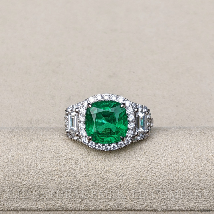 3.14 Ct. Emerald and Yellow Natural Diamond Three Stone Ring, 14K White Gold