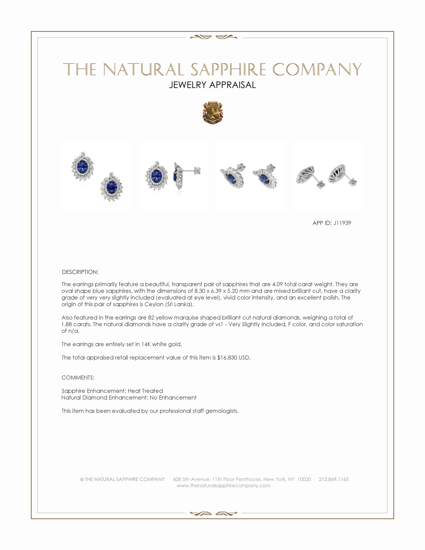 4.09 Ct.Tw. Blue Sapphire and Yellow Natural Diamond Studs Earrings, 14K White Gold