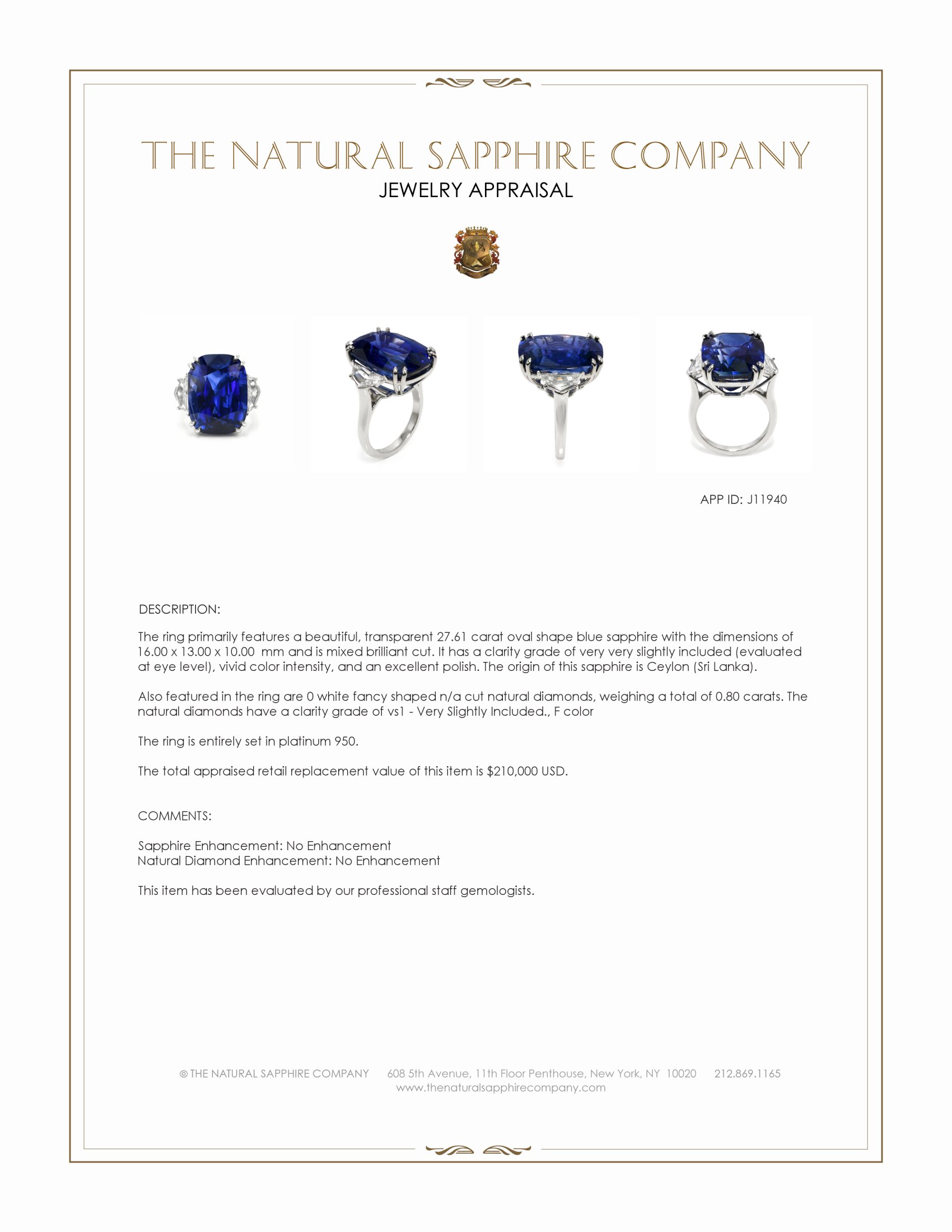 27.61 Ct. Blue Sapphire and Natural Diamond Solitaire Ring, Platinum 950