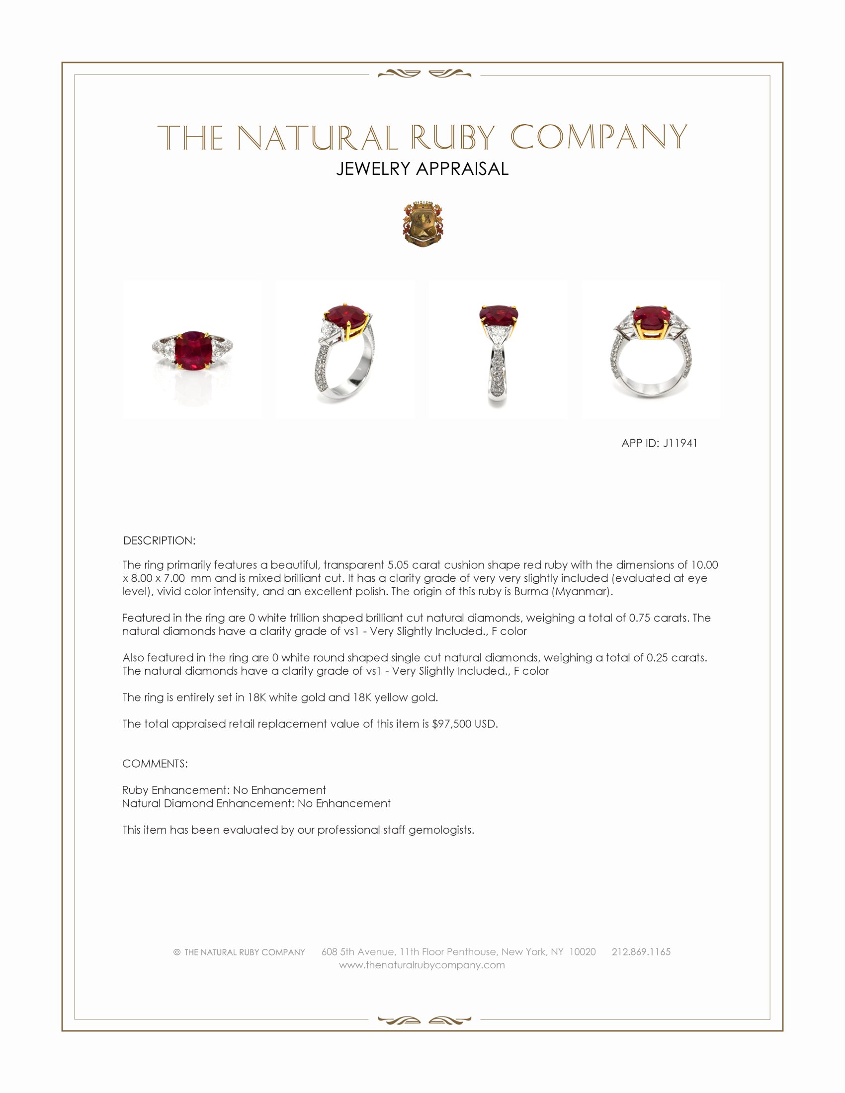 5.05 Ct. Ruby and Natural Diamond Three Stone Ring, 18K White & Yellow