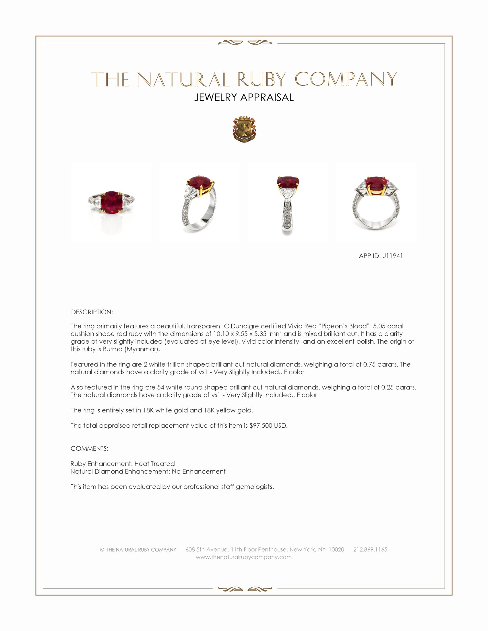 5.05 Ct. Ruby and Natural Diamond Three Stone Ring, 18K White & Yellow