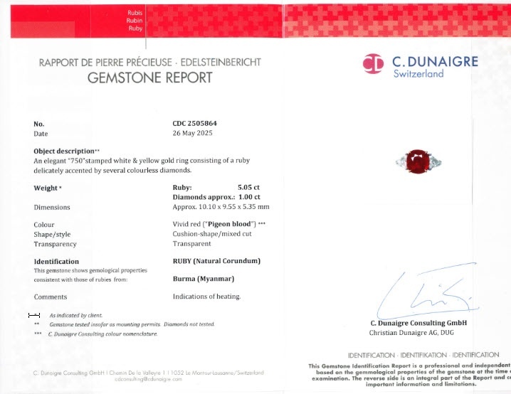 5.05 Ct. Ruby and Natural Diamond Three Stone Ring, 18K White & Yellow