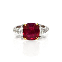 5.05 Ct. Ruby and Natural Diamond Three Stone Ring, 18K White & Yellow Video